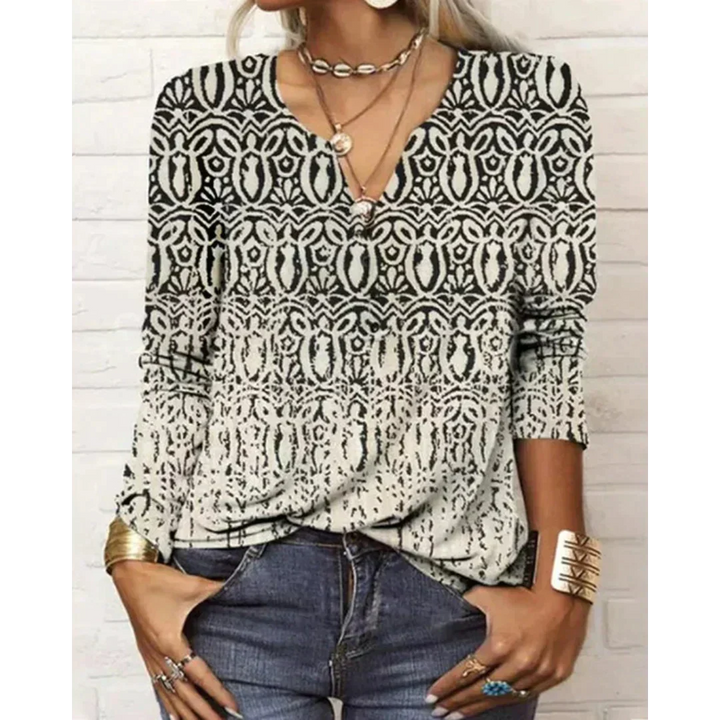 W&W Mode | Stil V-Hals-Bluse mit langen Ärmeln - Buntes Blumenmuster-Design für Damen