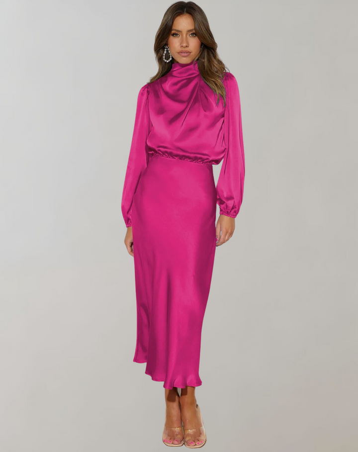 W&W Mode | Klassisches Satin Kleid Mit Hohem Kragen Und Langen Ärmeln Für Frauen