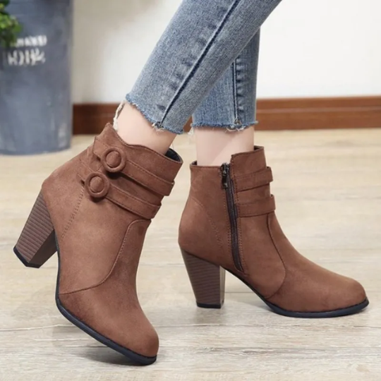 W&W Mode | Damen Wildleder Ankle Boots mit Doppelsteckverschluss, Hohem Blockabsatz, Reißverschluss