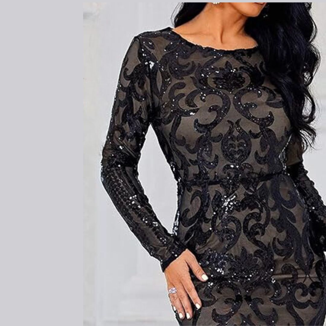 Damen Abendkleid mit langen Ärmeln und Pailletten
