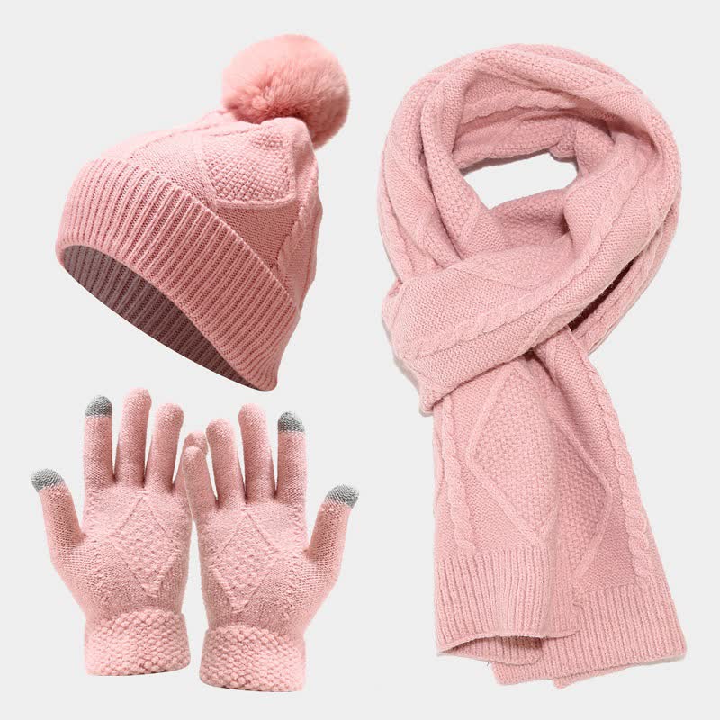 W&W Mode | 3-teiliges gestricktes Accessoire-Set - stylische Damenmütze, Schal und Handschuhe