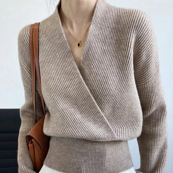 W&W Mode | Klassischer Herbst Wickelpullover mit Statement Ausschnitt für Frauen