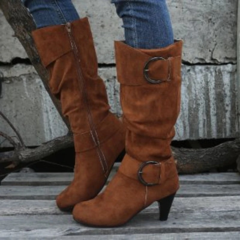 W&W Mode | Damen Knielange Stiefel mit Reißverschluss und Schnalle Stilvolle Hohe Stiefel