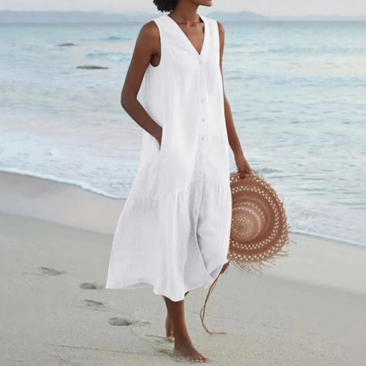 W&W Mode | V-Ausschnitt Leinen Kleid