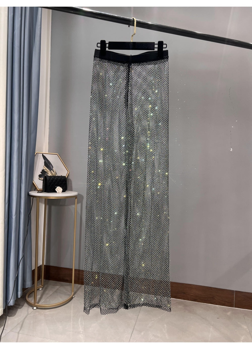 W&W Mode | Rhinestone Gerade Netz Weite Bein Slim Fit Schmeichelnde Mop Hosen