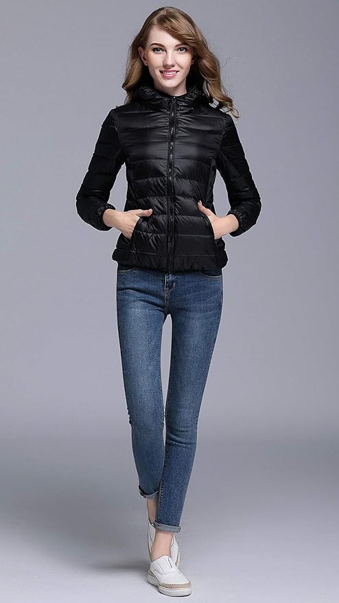 W&W Mode | Winterdaunenjacke mit Kapuze für Damen Weiß und Schwarz - faltbare Daunenjacke