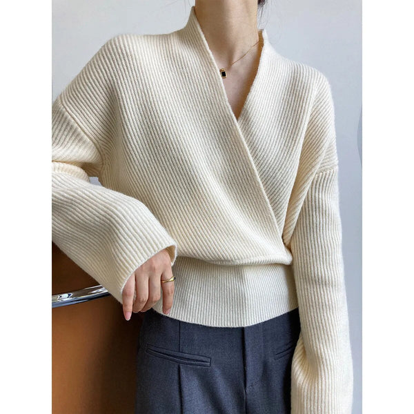 W&W Mode | Klassischer Herbst Wickelpullover mit Statement Ausschnitt für Frauen