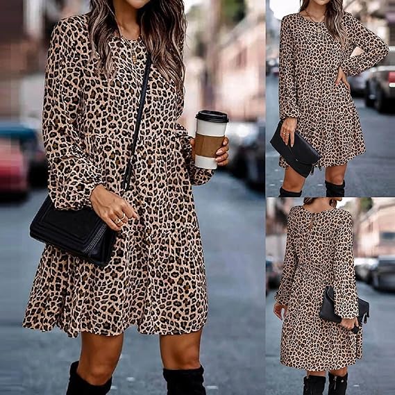 W&W Mode | Bequemen Langarm Kleid mit Leopardenmuster