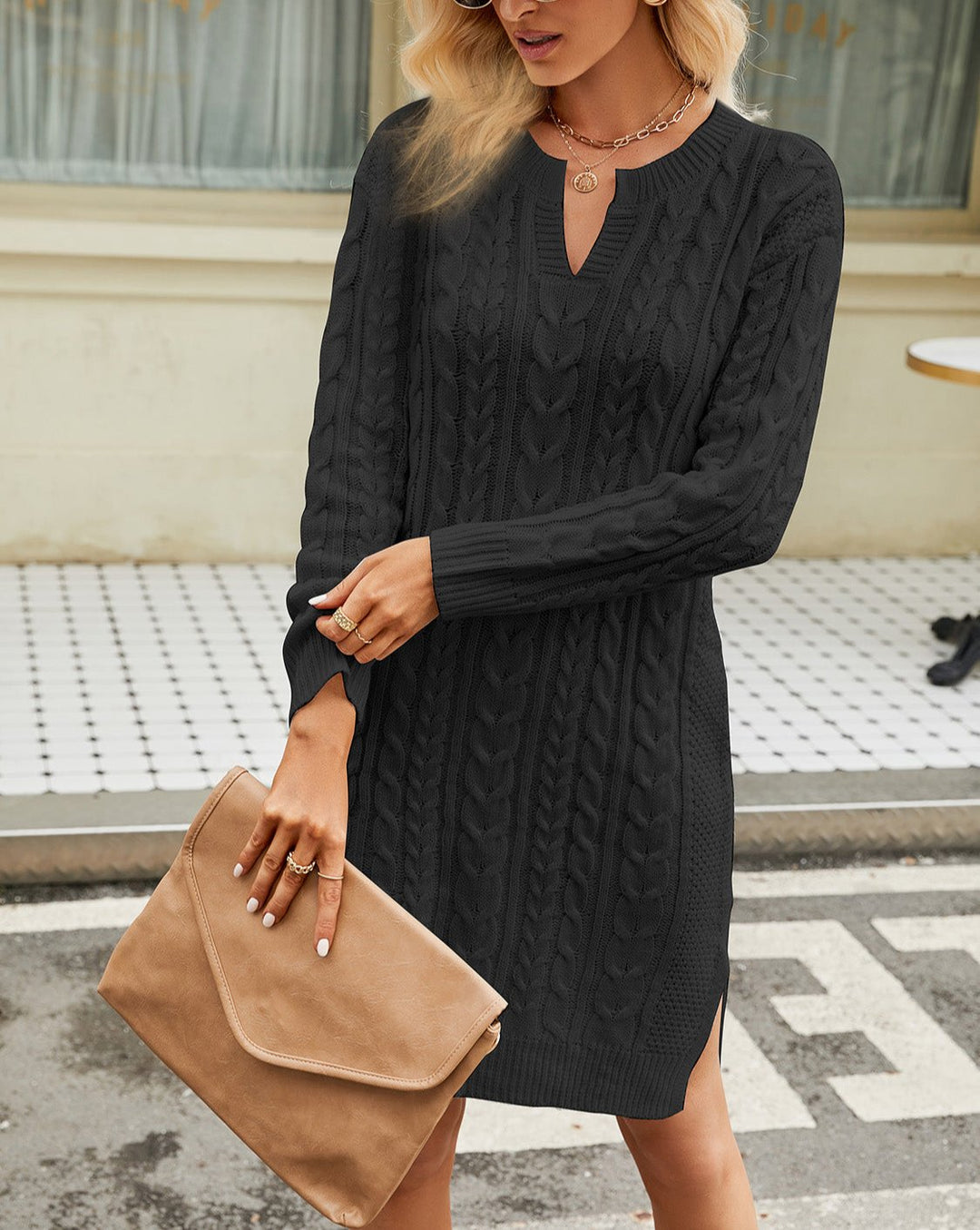 W&W Mode | Schicke Herbst-Kabel-Strickkleid mit Ausschnitt für Frauen