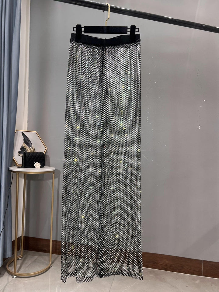 W&W Mode | Rhinestone Gerade Netz Weite Bein Slim Fit Schmeichelnde Mop Hosen