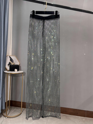 W&W Mode | Rhinestone Gerade Netz Weite Bein Slim Fit Schmeichelnde Mop Hosen