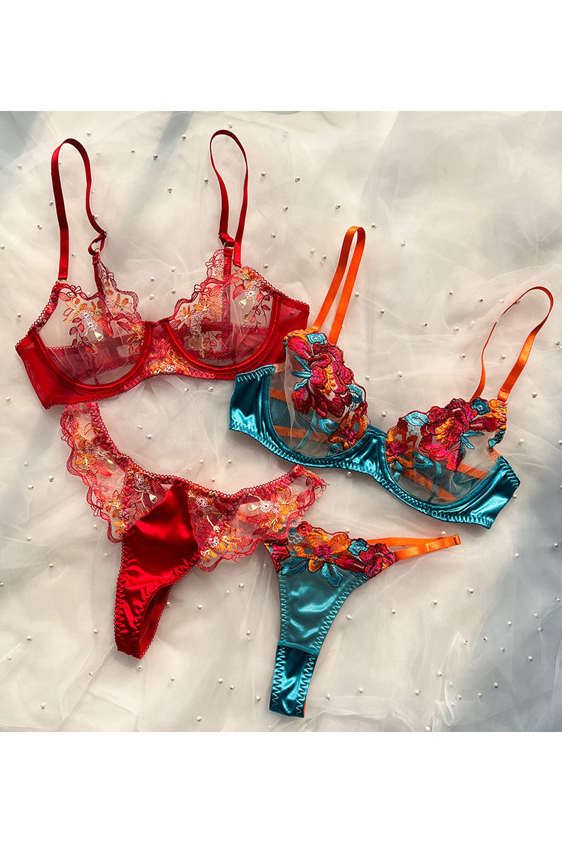 W&W Mode | Satin Durchsichtige Blumen 3 Teile Lingerie Set