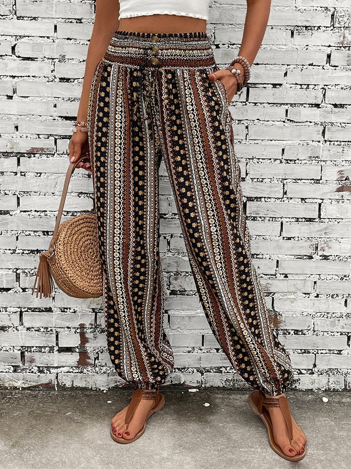 Damen Boho-Hose mit Allover-Print und elastischem Smockbund