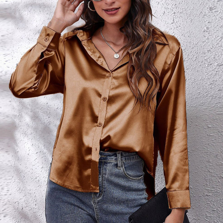 W&W Mode | einfarbiges Langarmshirt aus Satinimitatseide für Damen