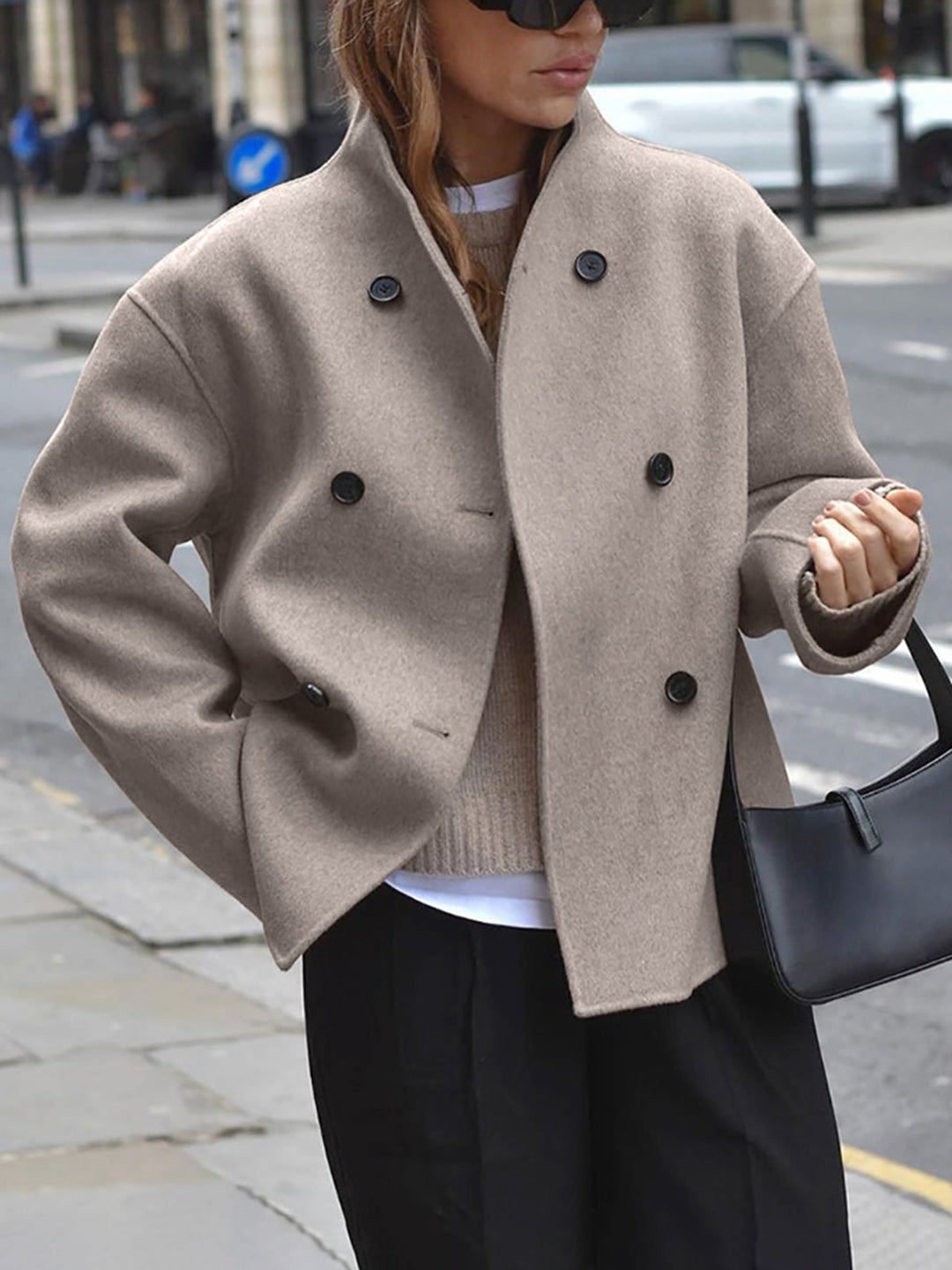 W&W Mode | Damenjacke - beige kurze Wolljacke mit Stehkragen und Knopfverschluss