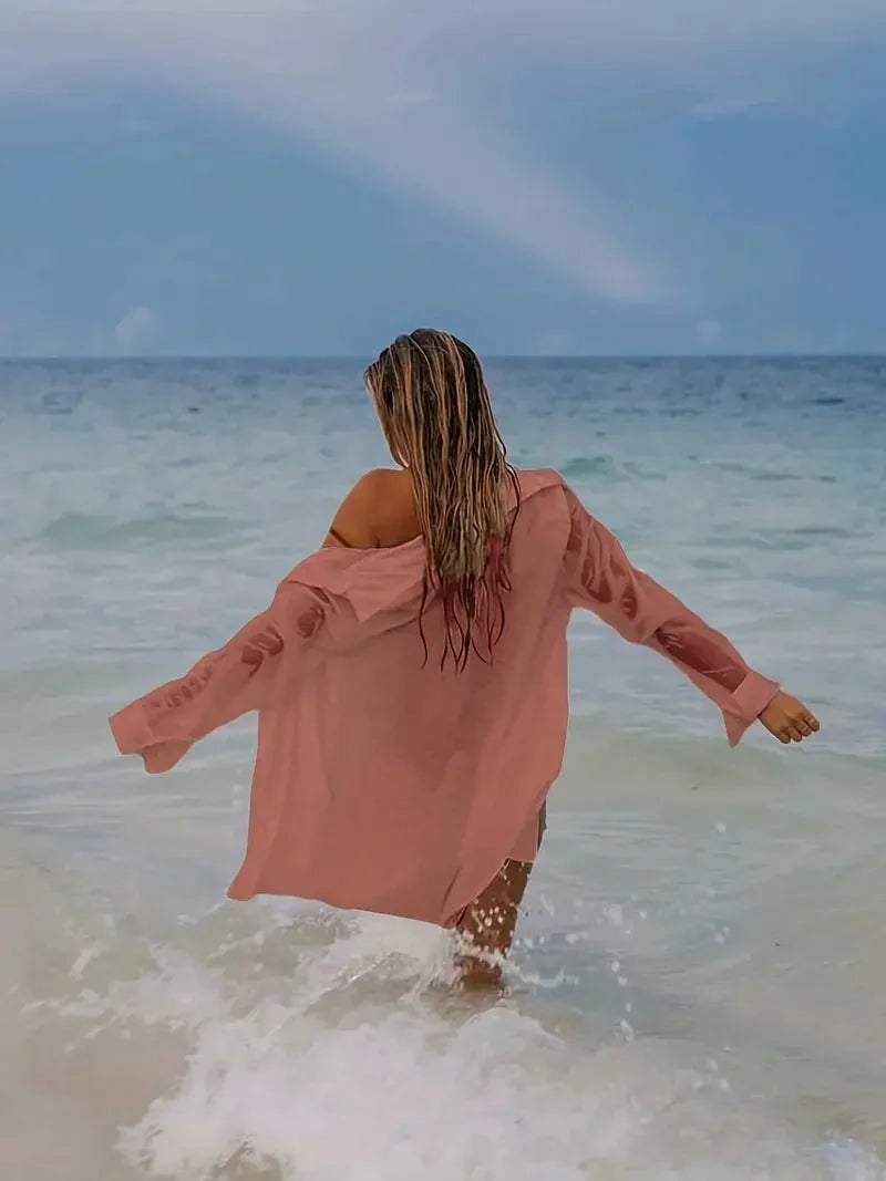 W&W Mode | Cover-Up Halbtransparent Langärmelig Leinenhemd Bikini-Bedeckung