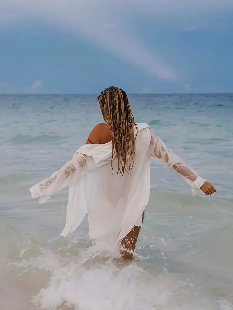 W&W Mode | Cover-Up Halbtransparent Langärmelig Leinenhemd Bikini-Bedeckung