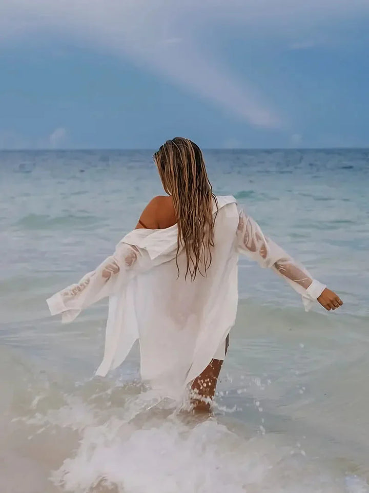 W&W Mode | Cover-Up Halbtransparent Langärmelig Leinenhemd Bikini-Bedeckung