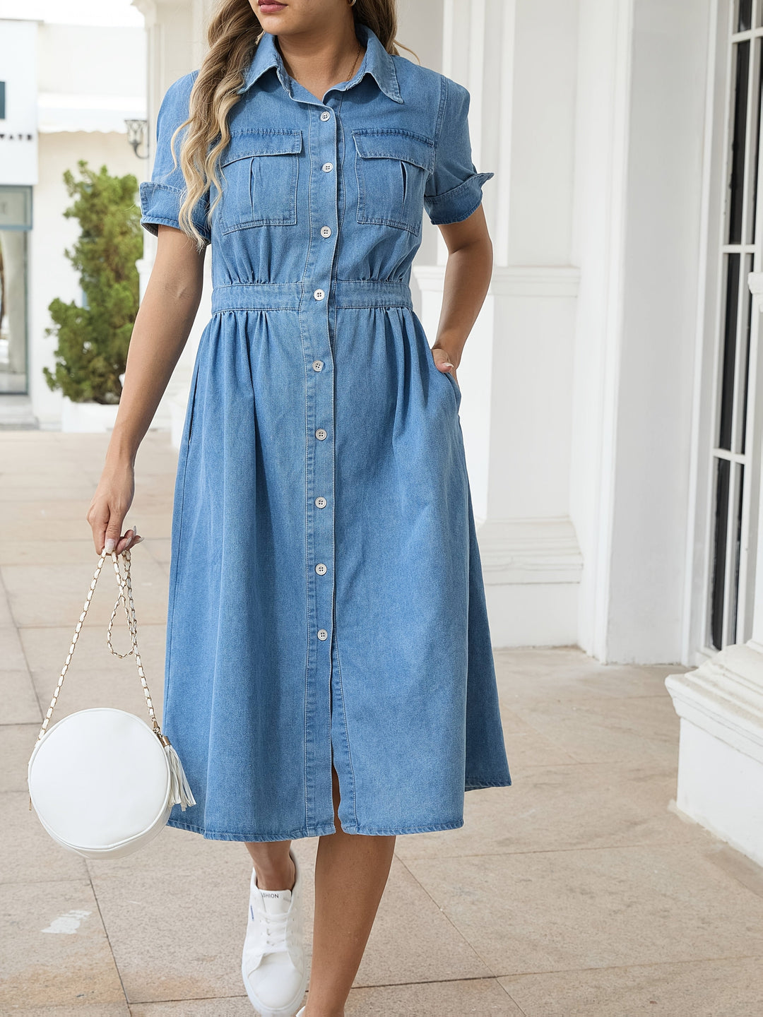 W&W Mode | Stylische Denim Midi Kleid Mit Knopfverschluss