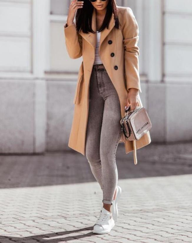 W&W Mode Langer Damenmantel Mit Knopfleiste Vorne Und Gurtel