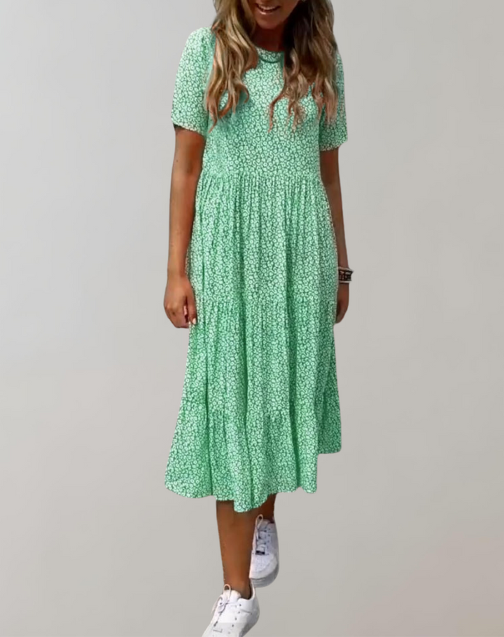 W&W Mode - Lässiges, kurzärmliges Midikleid mit Blumenmuster | fließendes Kleid für Damen