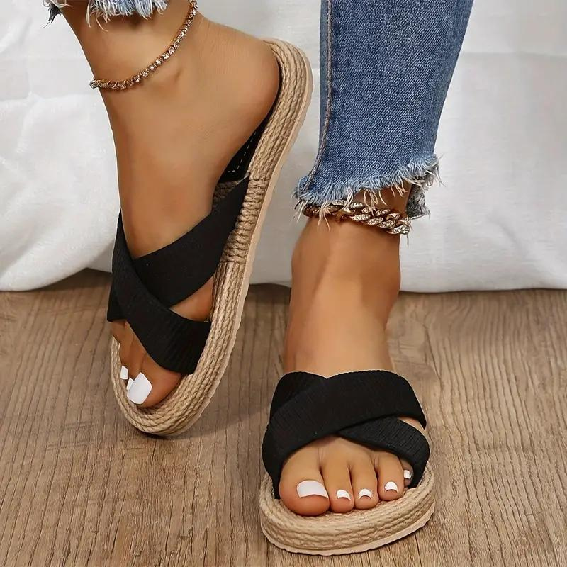 W&W Mode | Pantoletten Slip On Cross Bands Schuhe für den Sommer Flache Sandalen
