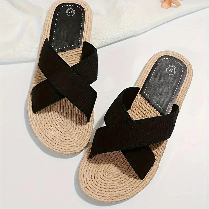 W&W Mode | Pantoletten Slip On Cross Bands Schuhe für den Sommer Flache Sandalen
