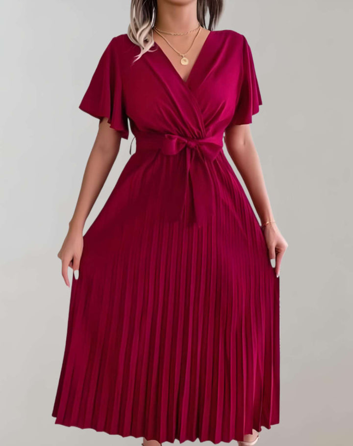 W&W Mode | Plissiertes Kleid Mit Weiten Kurzen Ärmeln Und Schleifenband Kleid