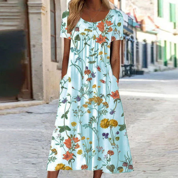 Damen Boho-Maxikleid mit Blumenmuster, kurzen Ärmeln und Taschen