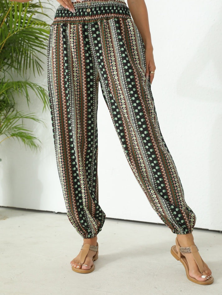 Damen Boho-Hose mit Allover-Print und elastischem Smockbund