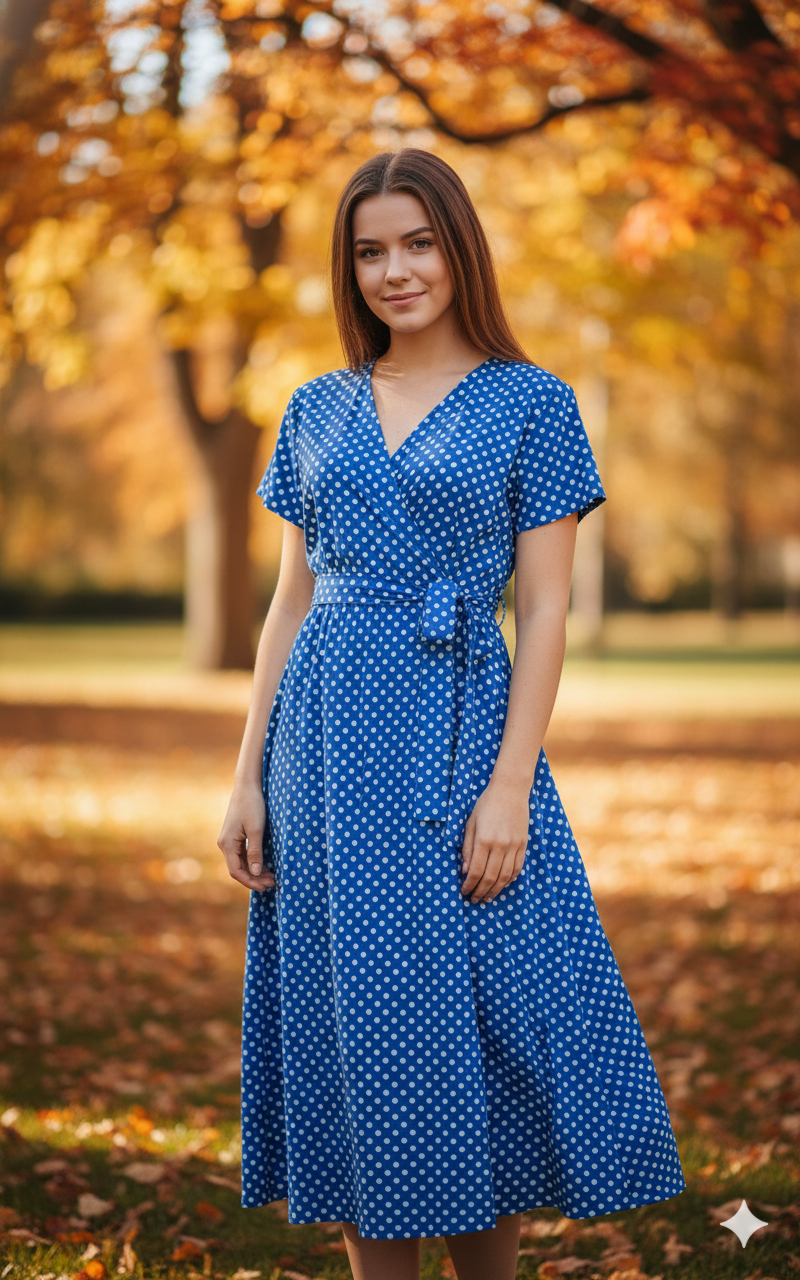 Maxikleid mit Punkten – Luftiges Kleid mit V-Ausschnitt, Bindegürtel & Schlitz
