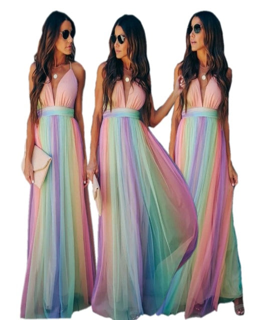 W&W Mode | Regenbogen Spaghettiträger Damenkleid
