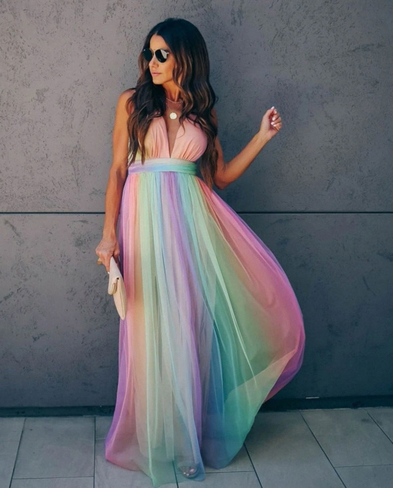 W&W Mode | Regenbogen Spaghettiträger Damenkleid