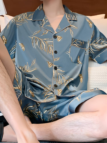 W&W Mode | Herren Sommer Eis Seide Pyjama Satz Mit Blumen Und Blättern Druck
