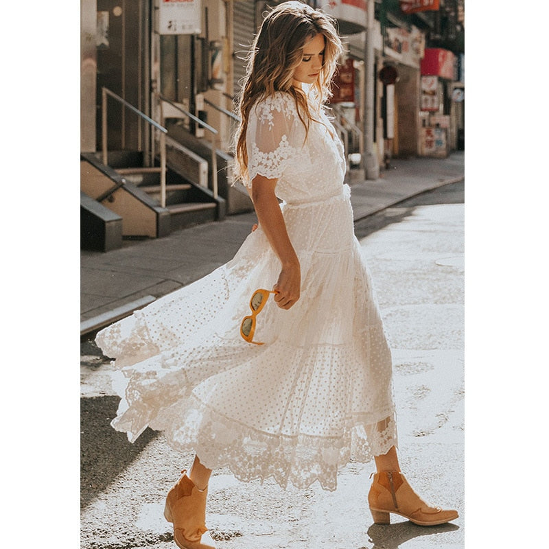 W&W Mode | Cross Halbtransparente Spitzen Maxikleid