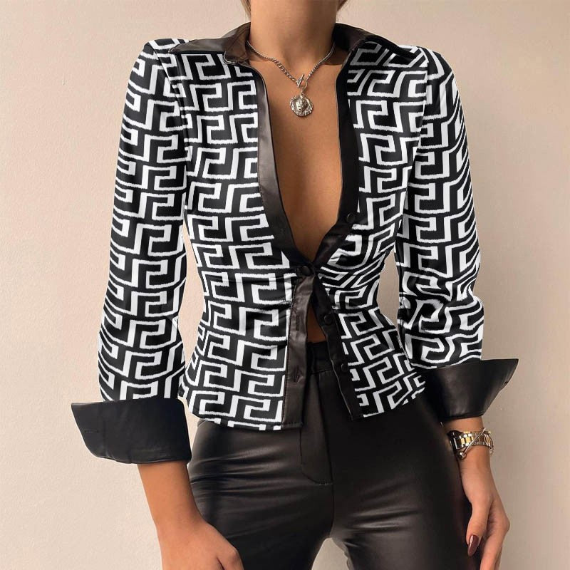 W&W Mode V-Ausschnitt PU-Leder bedruckt Langarm Patchwork-Bluse