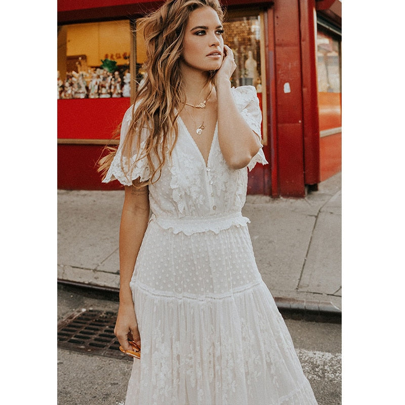 W&W Mode | Cross Halbtransparente Spitzen Maxikleid