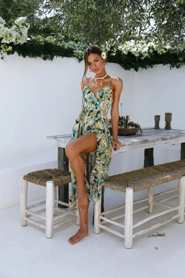 W&W Mode Sommerkleid | Midi Damenkleid mit offenem Rücken und Ausschnitt, bedruckt