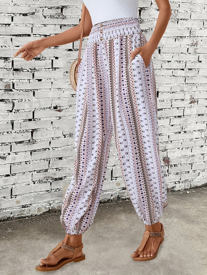 Damen Boho-Hose mit Allover-Print und elastischem Smockbund