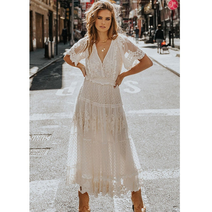 W&W Mode | Cross Halbtransparente Spitzen Maxikleid