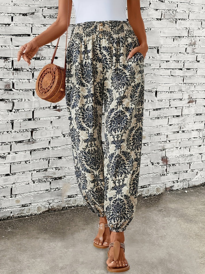 Damen Boho-Hose mit Allover-Print und elastischem Smockbund