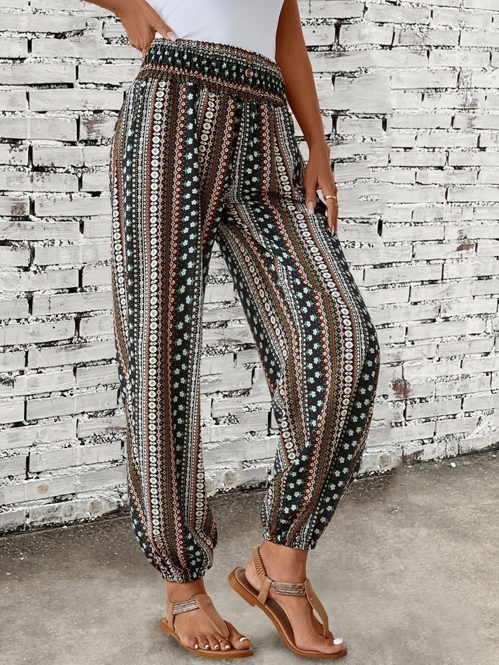Damen Boho-Hose mit Allover-Print und elastischem Smockbund