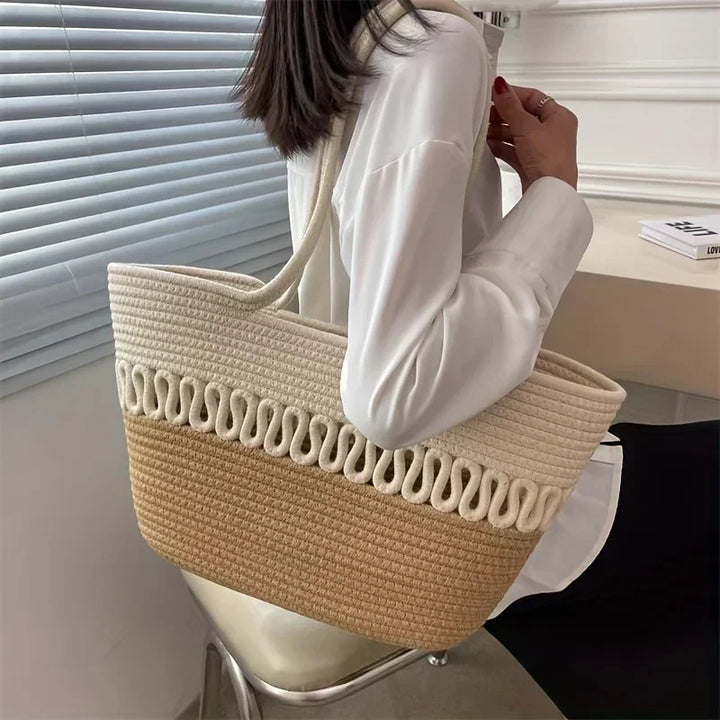 W&W Mode - Damen Schultertasche mit großer Kapazität handgefertigt aus Strick-Kit-Stoff und Stroh