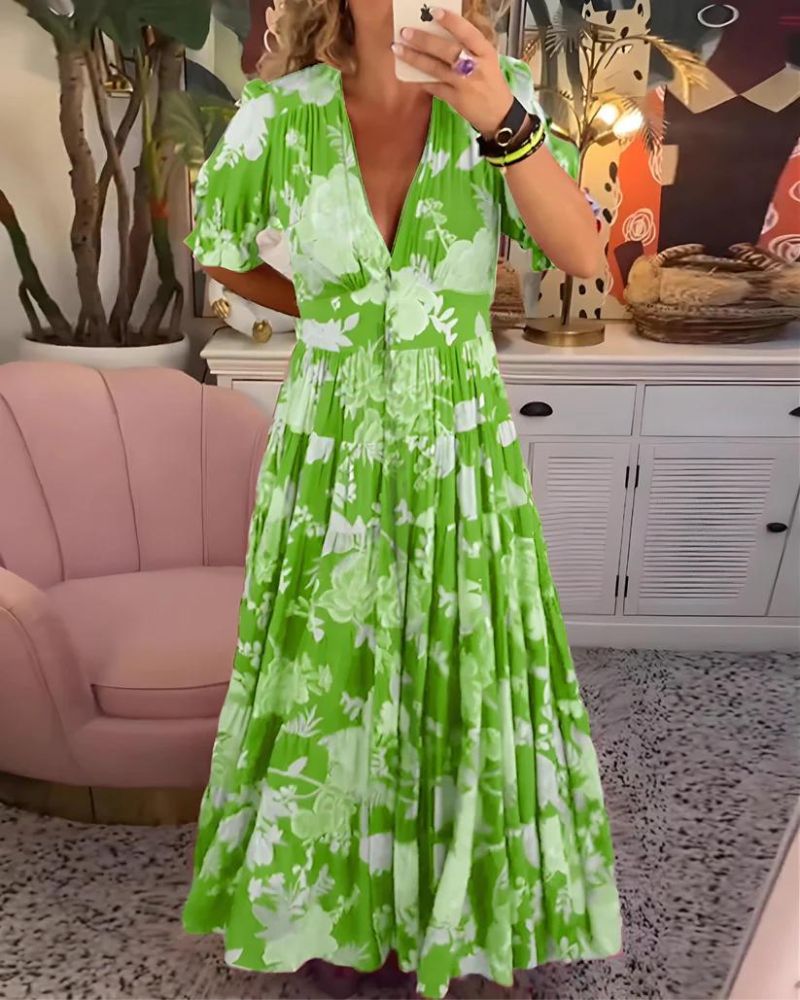 W&W Mode | Bedrucktes V-Ausschnitt Kleid