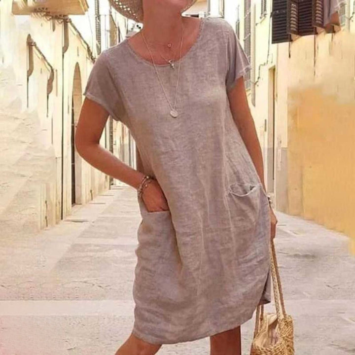 W&W Mode | Lässiges Leinenkleid mit kurzen Ärmeln für Frauen