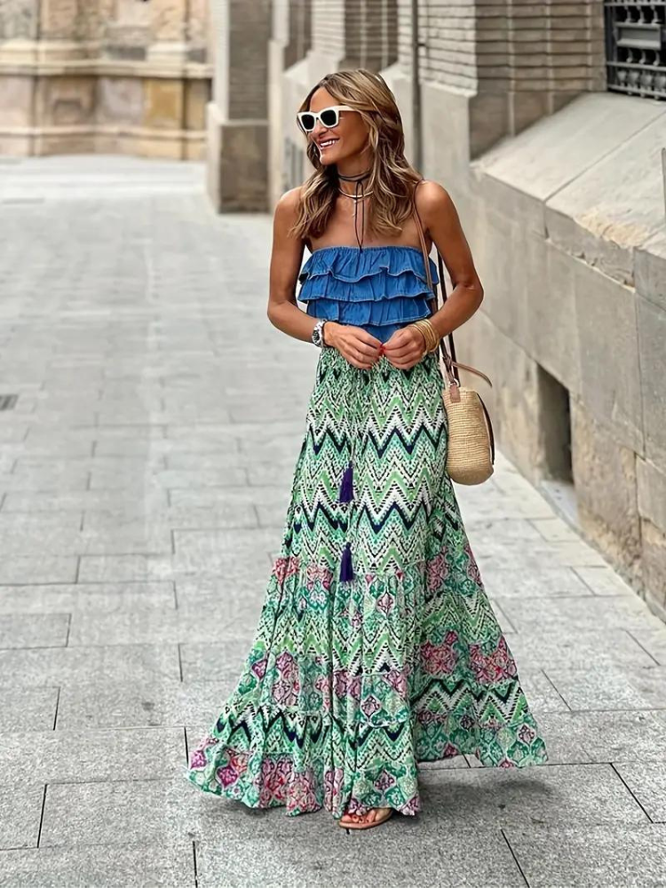 Damen Boho-Maxirock mit Rüschen