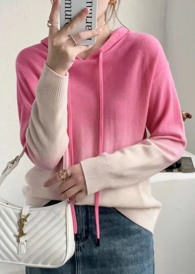 Rose™ - Farbverlauf Patchwork Wollstrickpullover mit Kapuze Herbst