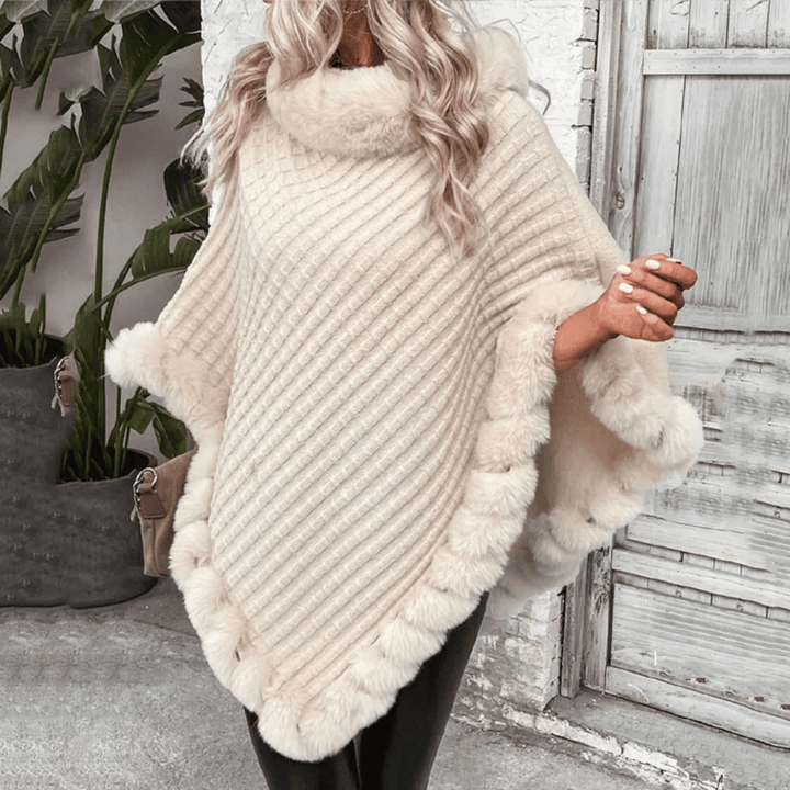 W&W Mode | Poncho mit weicher Webstruktur – stilvoller Damenponcho mit Kragen und Kunstpelzabschluss