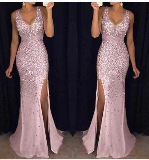 W&W Mode | Schlitz Goldfolie Lange Abendkleid
