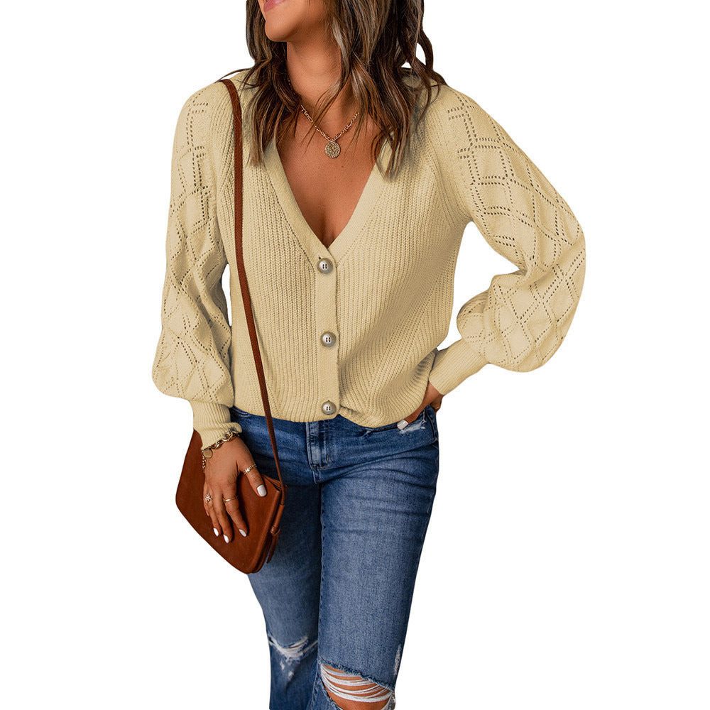 Damen Strickjacke mit V-Ausschnitt und Puffärmeln W&W Mode